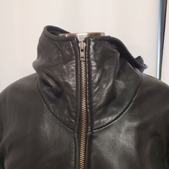 Vintage 90s y2k Andrew Marc Moto Jacket Black Leather Hooded Belted Woman's Sm - Picture 5 of 8
